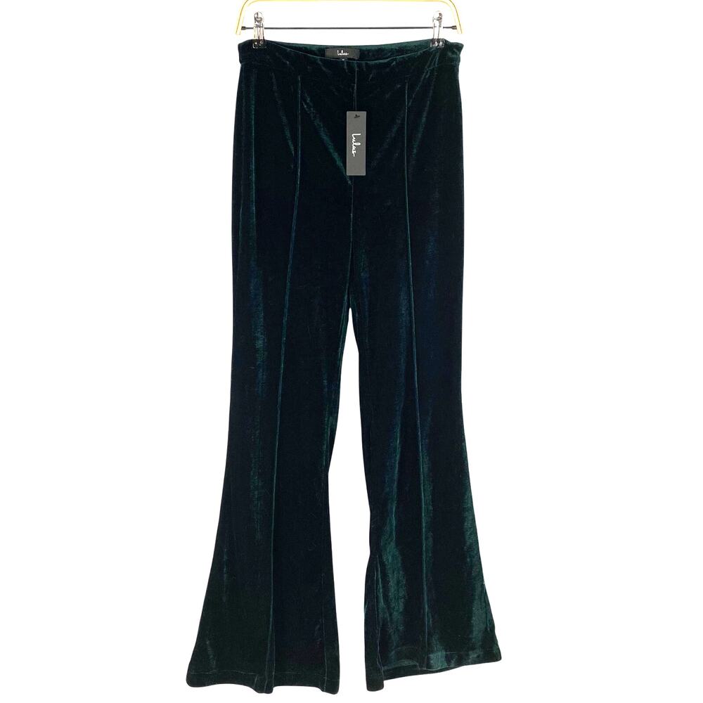 Lulus Velvet Pants Women Size M Green High Waisted Bootcut Flare Holiday NWT